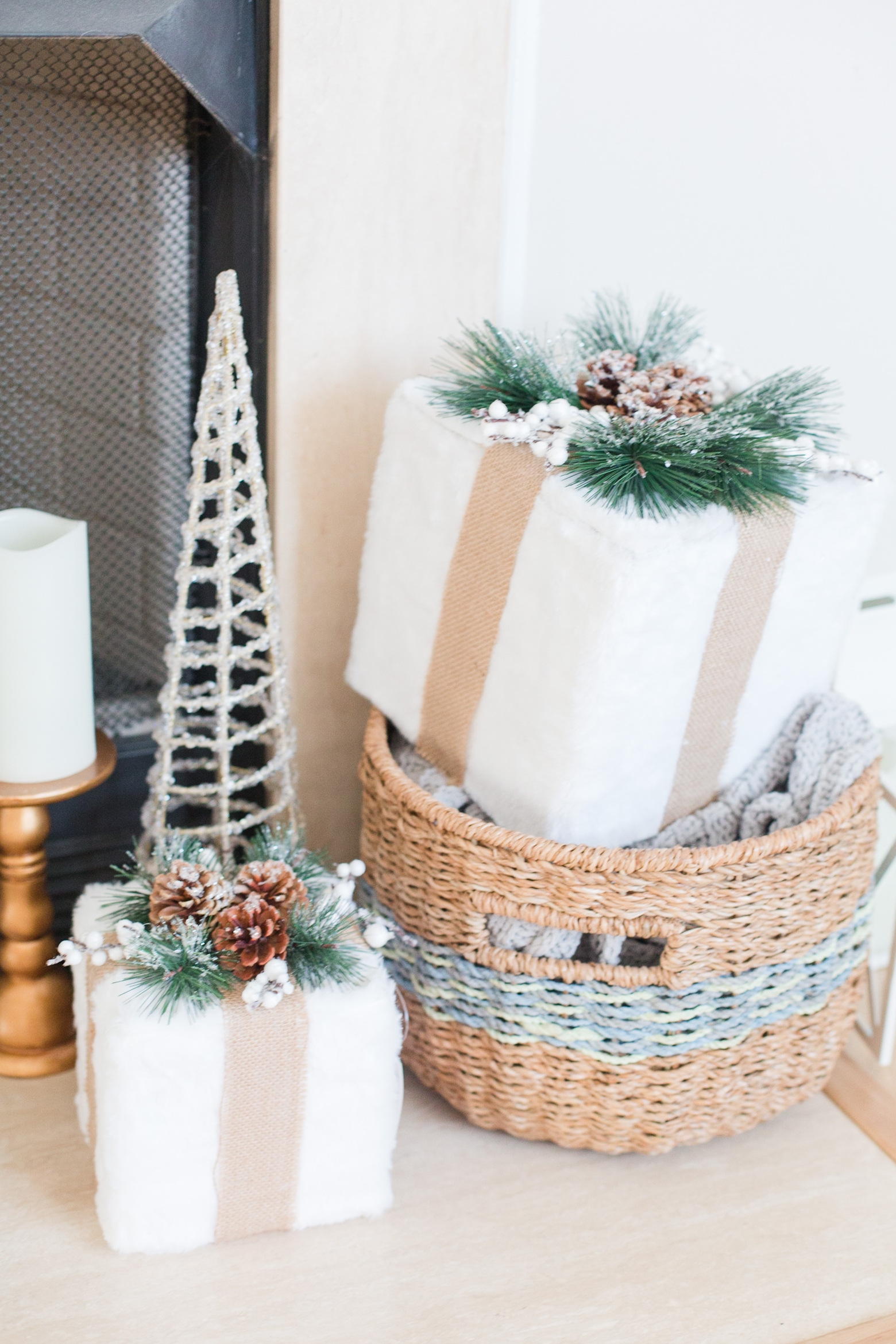 Bright and Airy Christmas Decor. Neutral colors with pops of green and gold!